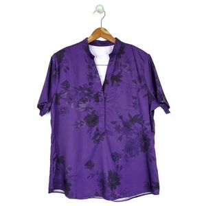 Purple Floral Vneck Short Sleeve Button-up Blouse